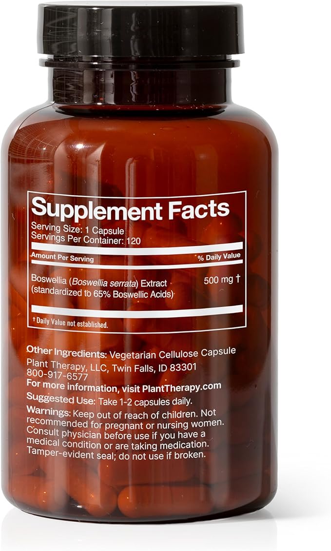 Plant Therapy Boswellia Extract Capsules Manufactured in USA 4 Month Supply Supports Joint Flexibility, Comfort, Soothes Discomfort and Healthy Skin Supplements for Women & Men 120 Vegetarian Capsules
