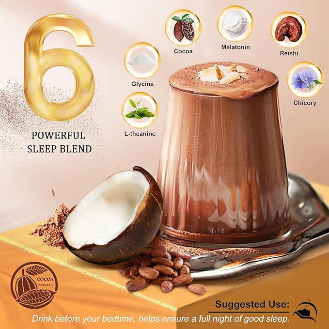 Bunkell Mushroom Hot Cocoa, Adaptogenic Mushroom with Reishi, L-Theanine, Chicory, Melatonin & Glycine, Melatonin, Sleep Hot Cocoa Supplement for Sleep and Stress Support, 25 Servings 1 Pack