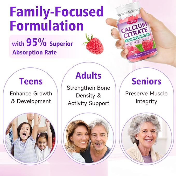 2 Packs High Absorption Calcium Citrate Gummies 1200mg - Bone & Teeth Support for Adults & Kids, Vegan, Non-GMO, Sugar-Free Gummies, Raspberry Flavor, 120 Count
