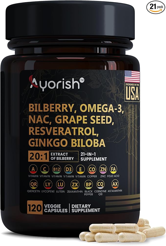 Eye Vitamins with Bilberry Equivalent to 6000mg Lutein and Zeaxanthin Supplements Lycopene Resveratrol Grape Seed Astaxanthin for Eyes - Eye Care Health and Mineral Supplement 120 Count