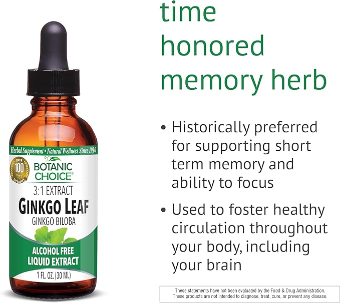 Botanic Choice Ginkgo Biloba Leaf Liquid Extract – Alcohol Free, Gluten Free, Fast Acting Supplement Drops – Easy to Use Dropper 1 Fluid Ounce