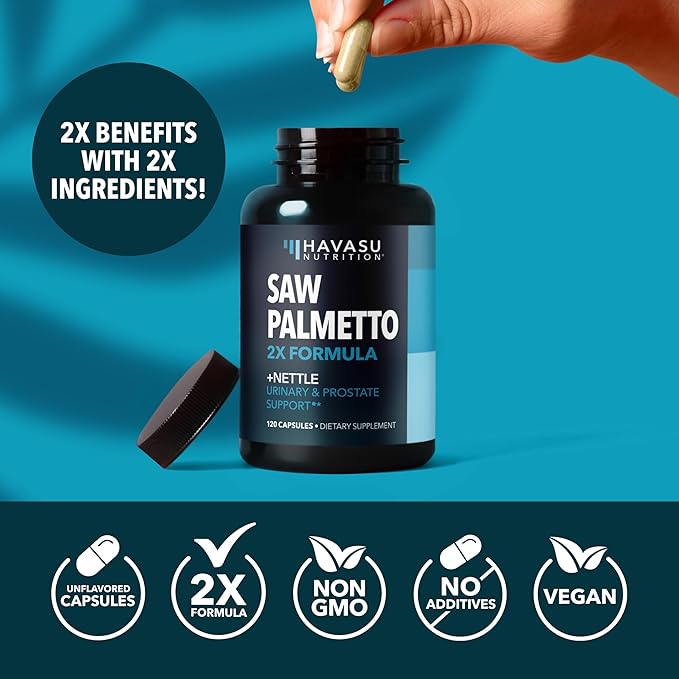 Saw Palmetto with Stinging Nettle Capsules - 2X Prostate Support Supplement for Men’s Health - 120 Count - DHT Blocker for Urinary Tract Function and Hair - Vegan, Non-GMO - 2 Month Supply