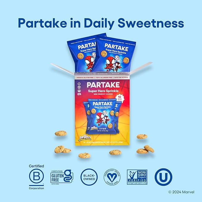 Partake Gluten Free Super Hero Spidey & Friends Sprinkle Cookies - Vegan - Free From the Top 9 Allergens Including Dairy, Wheat, Soy, Eggs, & Peanuts - Non GMO - Safe School & Office Snack (10 Packs, 0.67 oz)