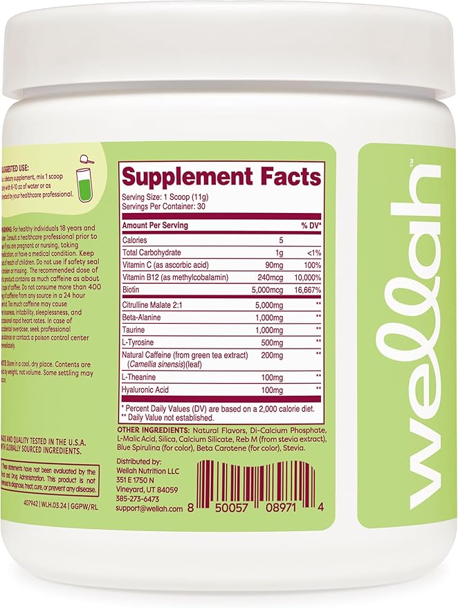 Wellah Get-Going Pre-Workout Drink Mix (Green Apple Flavored, 30 Servings)