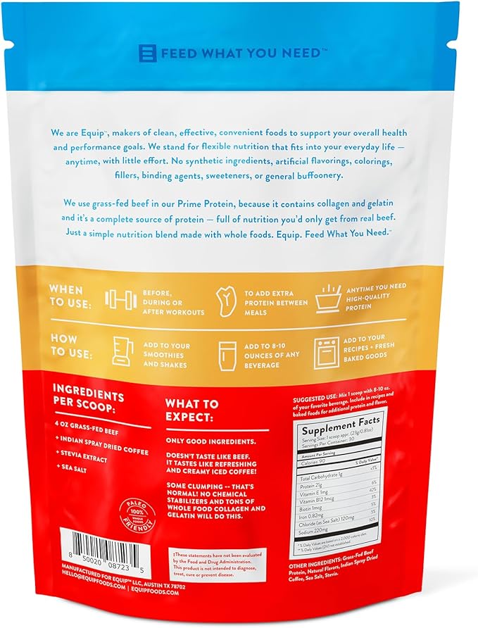 Equip Foods Prime Protein Powder | Clean, Grass Fed Beef Protein Isolate | Carnivore Protein Powder | Paleo, Keto Friendly | Gluten, Dairy Free | Helps Build & Repair Tissue | 30 Servings, Iced Coffee