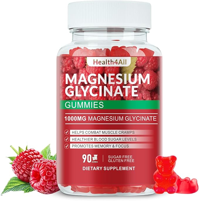 Magnesium Glycinate Gummies 1000mg, High Absorption Sugar Free Magnesium Potassium Supplement for Relaxation, Stress Relief, and Sleep Support for Adults & Kids - 90 Raspberry Gummies