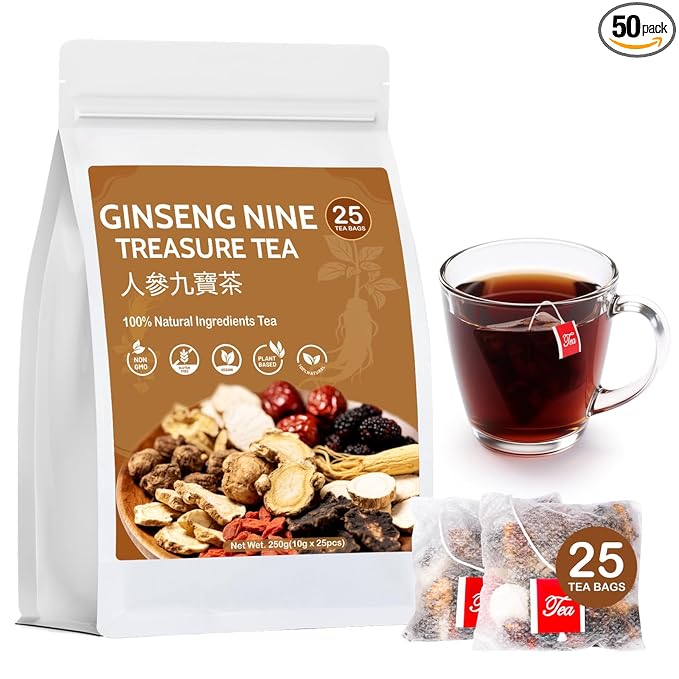 Kidney Tea - Ginseng and Wolfberry, Ginseng Six Treasure Tea, Traditional Chinese Herbal Plant-Based Five Treasure TeaBags, 9 Natural Ingredients Support Liver Cleanse & Repair for Men Women(25 Bags)