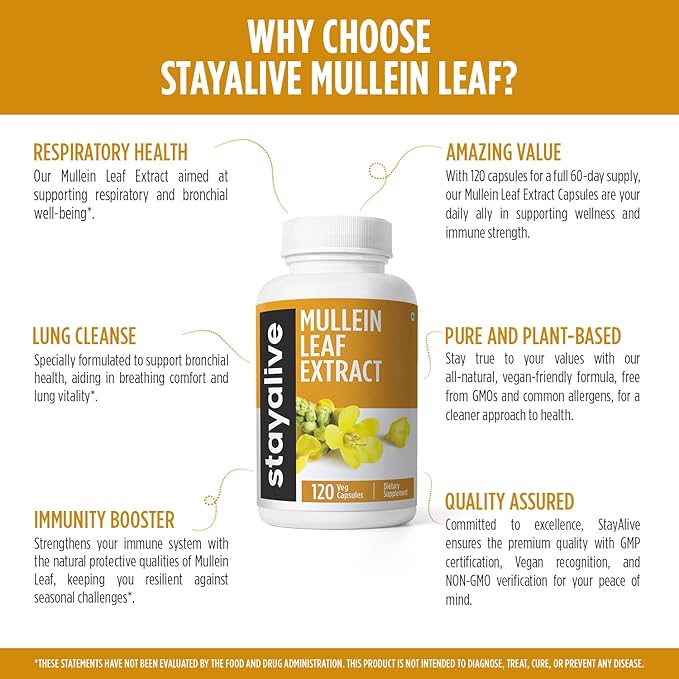 STAY ALIVE Mullein Leaf Extract 1000mg, 10:1 Extra Strength, 120 Vegan Mullein Capsules, All Natural, 100% Pure Leaves Powder, 2 Month Supply, Non-GMO and Gluten-Free Supplement