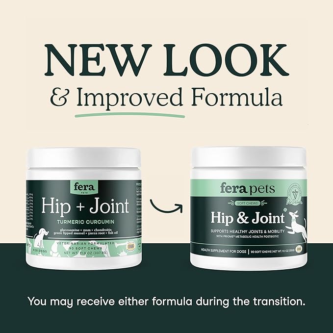 Fera Pet Organics Hip and Joint Supplement for Dogs 90 Chews Vet Created with Glucosamine Chondroitin, Omega 3, and Postbiotics to Support Overall Joint Health, Comfort, and Mobility