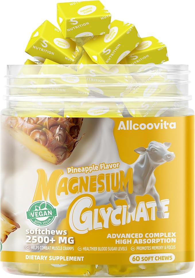 Magnesium Glycinate Soft Chews, Pineapple Flavor.Chewable Sugar Free Potassium Magnesium Chews with Magnesium Glycinate, Vitamin D, B6, and CoQ10 for Calm Support & Sleep for Adults, 60 Days Supply