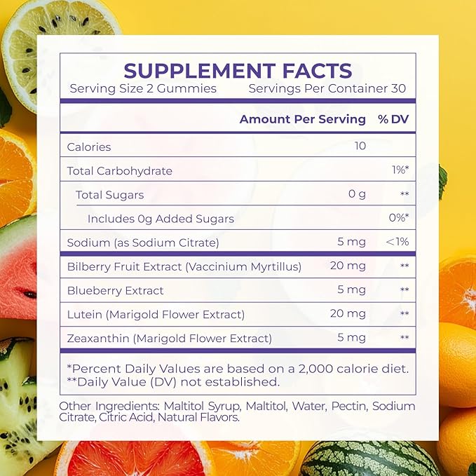 Lutein & Zeaxanthin Gummies - 20mg Lutein + Bilberry, No Sugar, Blue Light Support - Ideal for Dry Eyes & Daily Eye Wellness,30count