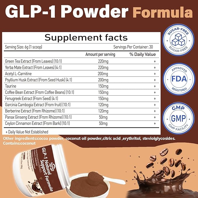 GLP-1 Booster Supplement Powder, Yerba Mate, Natural 9 Plant Extracts, Activate GLP-1 Production, Digestive Gut Healthy for Women Men, Sugar-Free (30 Servings, Chocolate)