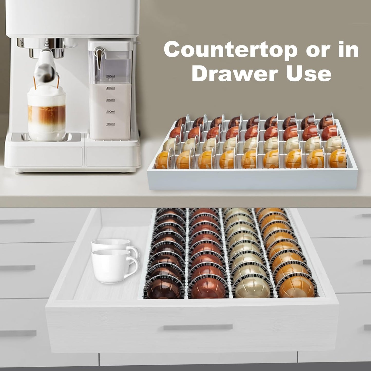 MinBoo Bamboo Coffee Pod Storage Holder Drawer Insert for Counter Compatible with Vertuoline Capsules for Kitchen, Home, Office, Coffee Station,white
