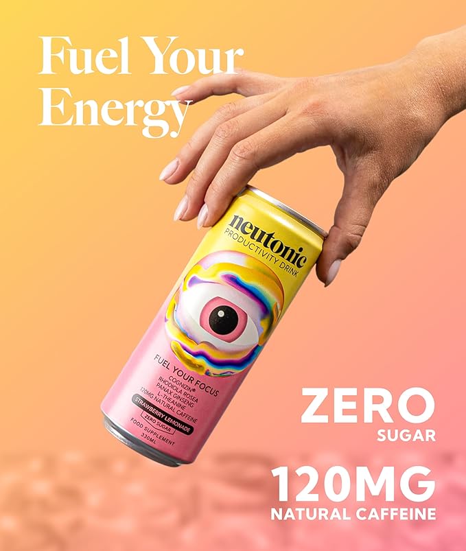 Neutonic Nootropic Productivity Energy Drink | Strawberry Lemonade 12 Cans | 120mg Natural Caffeine, Zero Sugar | Support Memory, Mental Clarity, Cognitive Function | Boost Focus, Energy, Brain Health