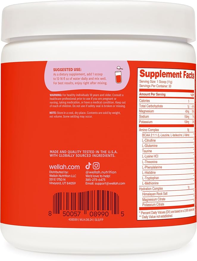 Wellah So Long Soreness BCAA Powder (Fruit Punch Flavored) 30 Servings - with Hydration Complex