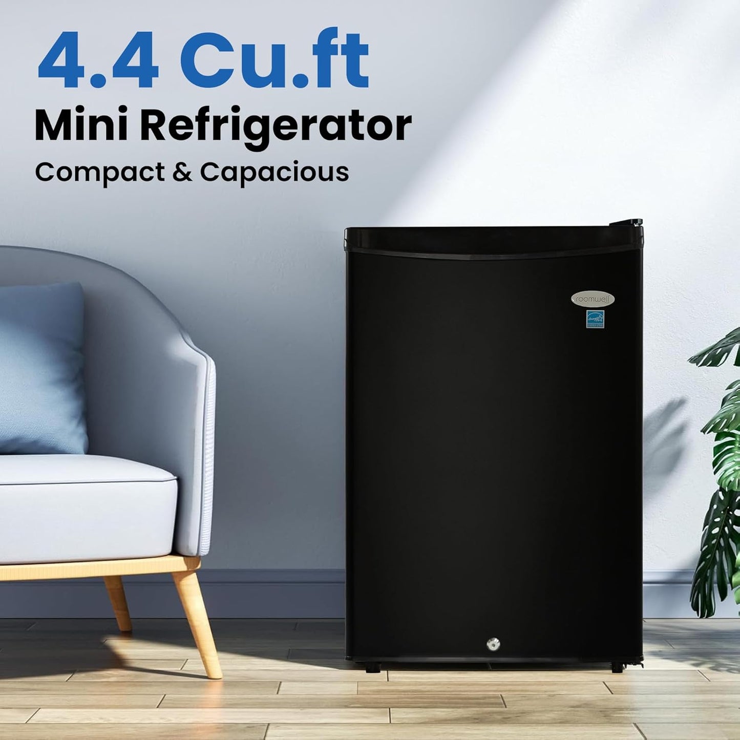 roomwell Mini Fridge counter top | Compact All Refrigerator without Freezer | Lownoise | Ideal for Hotel, Office, Kitchen, Bedroom, Bar etc. |Estar rated in Black (Size- 4.4 cu.ft)