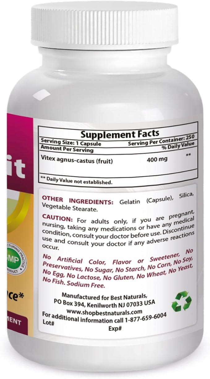 Best Naturals Vitex Chasteberry 400 mg 250 Capsules (Pack of 3)