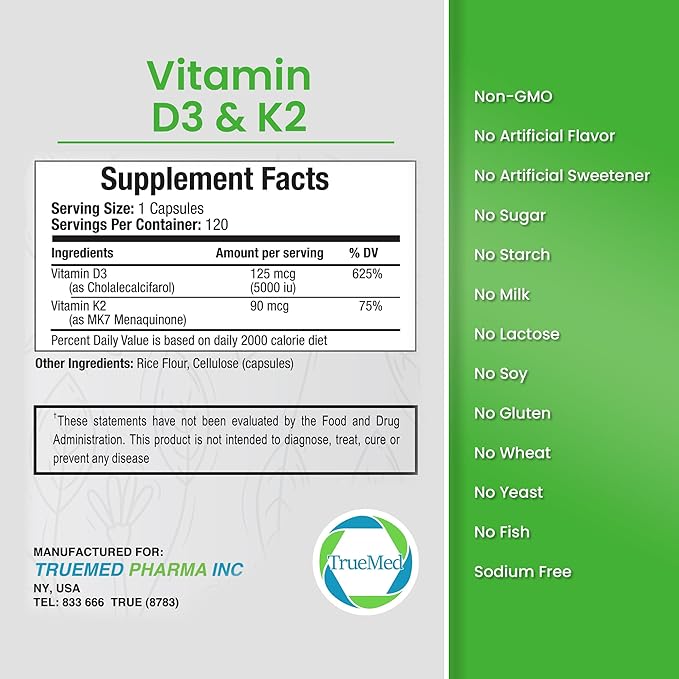 Vitamin D3 & K2 Supplement β High-Potency D3 5000 IU + K2 MK7 β Supports Bone, Heart & Immune Health β Calcium Absorption & Cardiovascular Wellness β 120 Vegan Capsules
