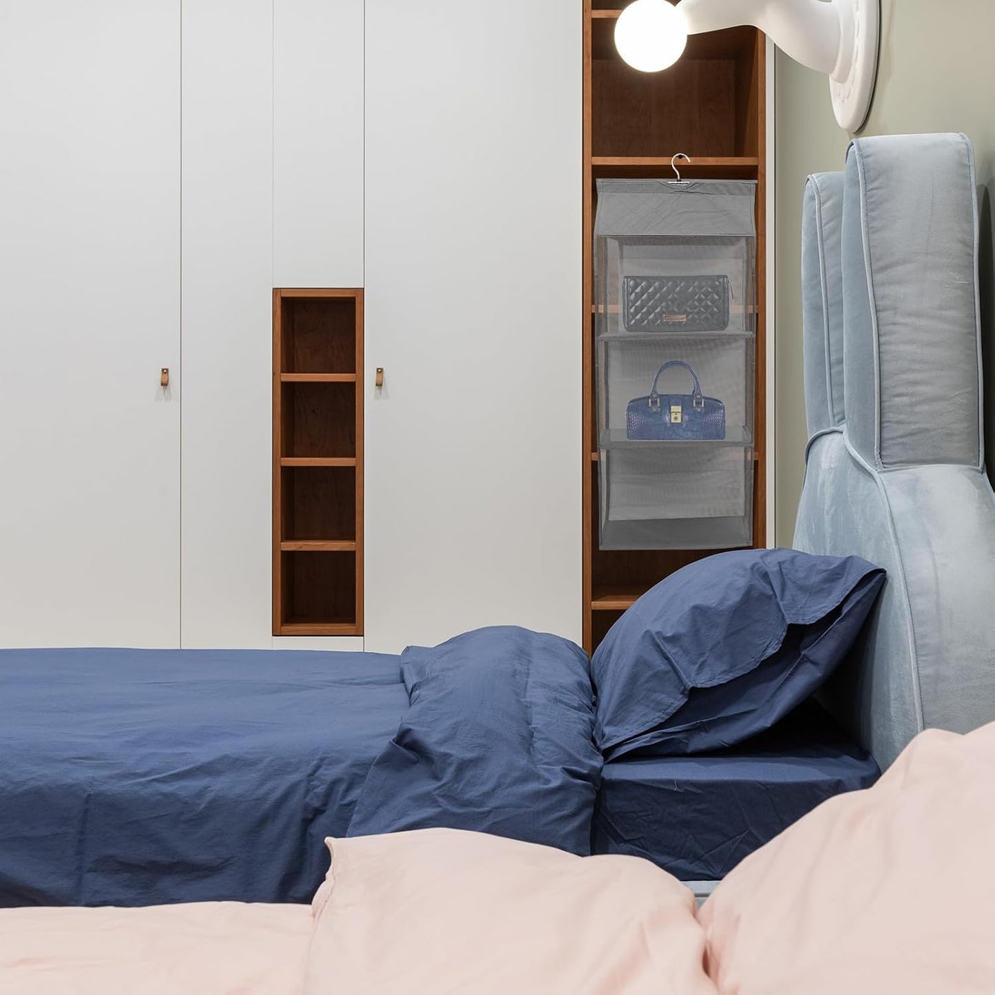 Grey Hanging Storage Organizer Bag Dustproof Mesh Compartments for Closet Wardrobe Bedroom Living Practical Hanging Storage Bag for Handbags Shoes Sweaters and Household Items