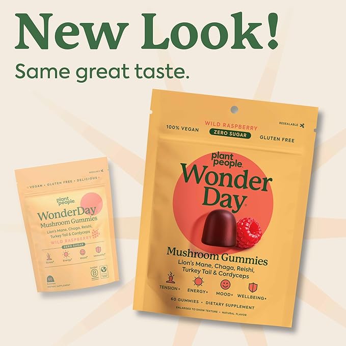 Plant People WonderDay Mushroom Gummies - Lion’s Mane, Cordyceps, Chaga Mushroom Supplement to Support Immune System De-Stress Boost Mood & Energy in Adults Natural, Vegan, Non-GMO (60 Count)