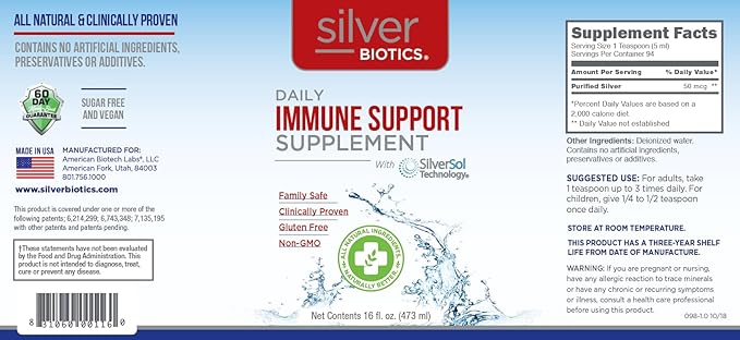 Silver Biotics Multivalent SilverSol Technology Ag₄O₄ 10 PPM Immune Support | Bio-Hacking Immune Building Natural Support | 16 Fl Oz
