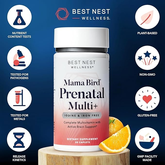 Best Nest Wellness Mama Bird Prenatal Multi Plus Iodine & Iron Free - Prenatal Vitamin for Brain & Digestive Health - Vegan Multivitamin with Methylfolate, Probiotics & More - 30 Caplets w/Gift Bag