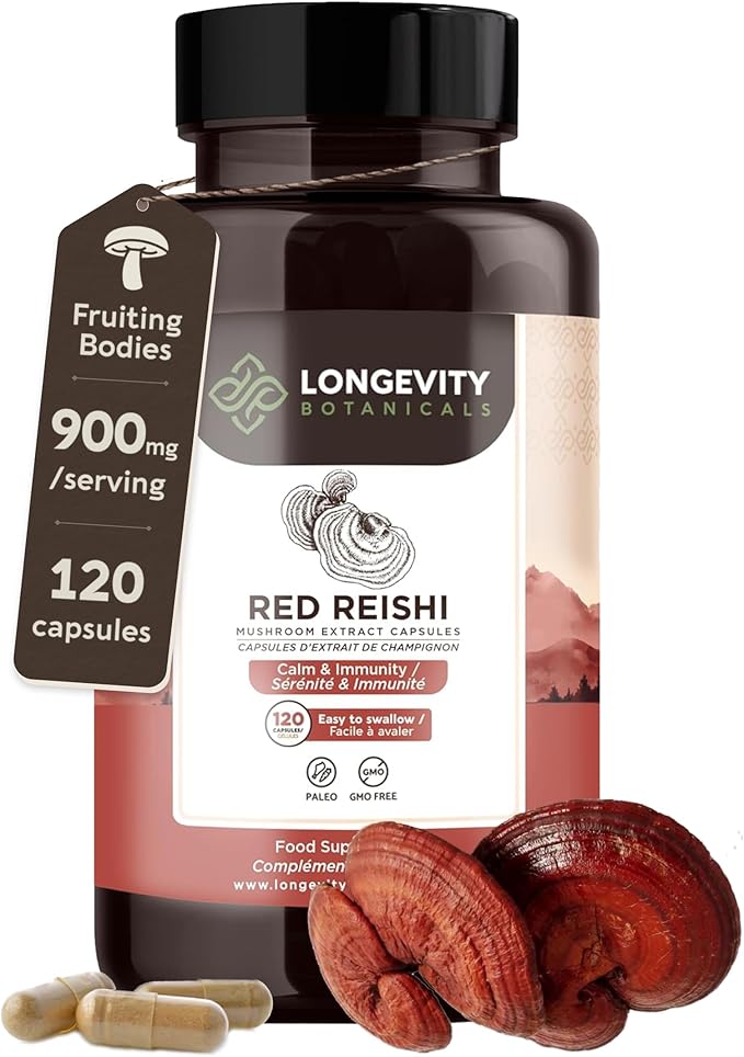 Longevity Botanicals Reishi Mushroom Extract Capsules (120) | Concentrated 10:1 Ratio | 100% Fruiting Bodies | Lingzhi (Ganoderma lucidum) Supplement for Immune, Stress & Sleep Support