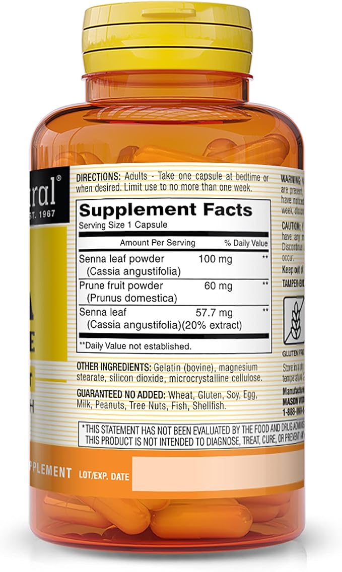 MASON NATURAL Prune Senna Concentrate - Natural Vegetable Laxative, Promotes Regularity and Bowel Function, Improves Digestive Health, 100 Capsules