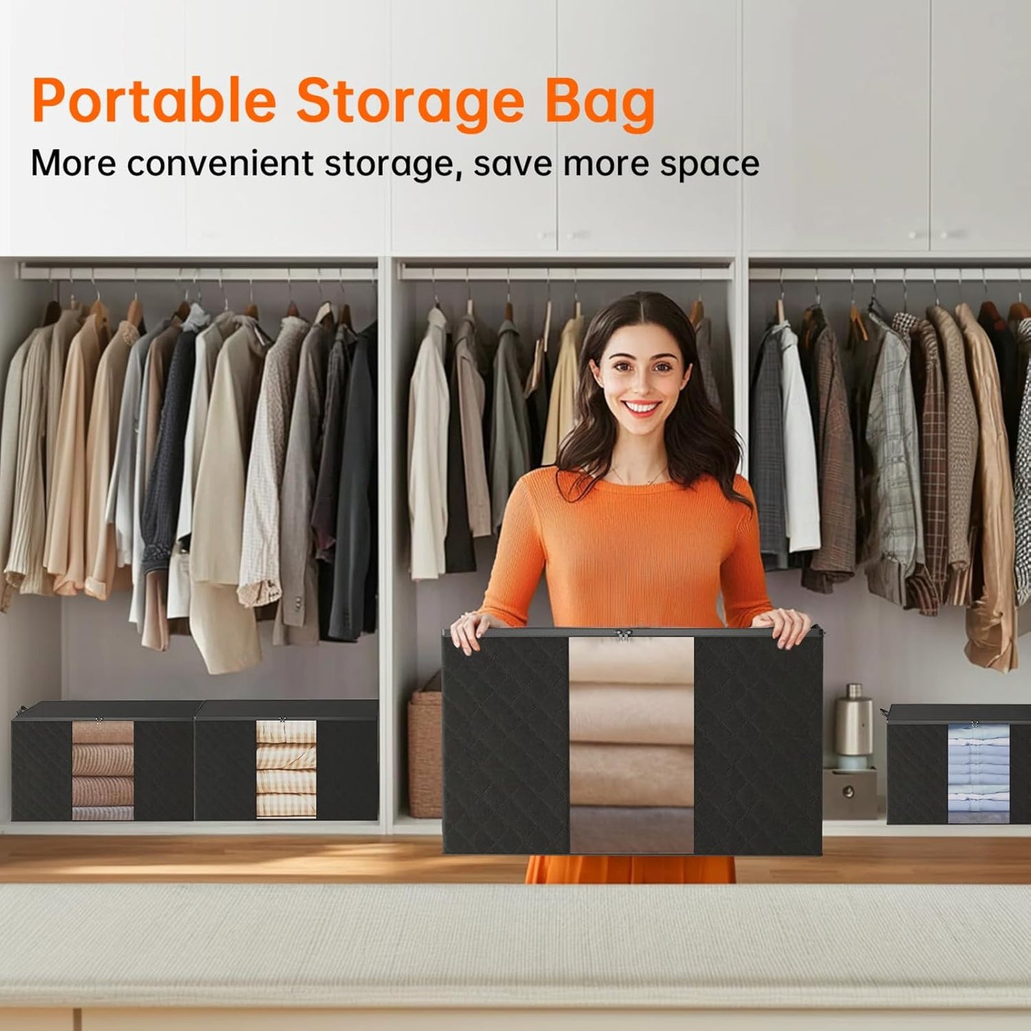 6 Pack Clothes Storage Bags - 90L Blanket Organizers and Storage for Closet Large Storage Bins with Lids and Zipper Storage Containers for King Comforter, Pillow and Sweater (Black, 6 Pack)