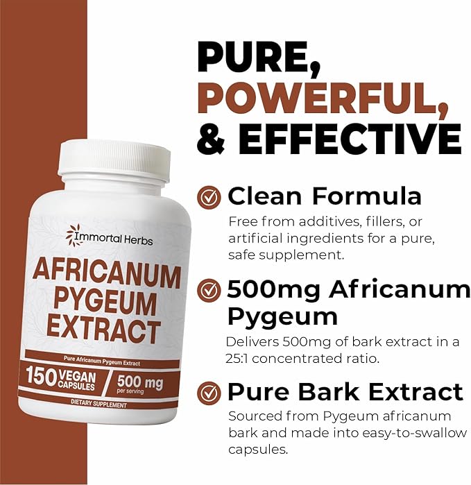 Africanum Pygeum 500mg, 25:1 Extract, 150 Pills, Extra Strength Pygeum Supplement for Men and Women, Non-GMO and Gluten-Free Bark Extract Capsules, 5 Months Supply