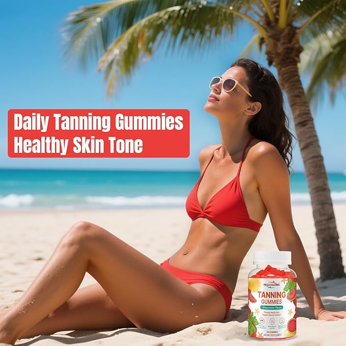 Tanning Gummies - Tan Bronzing Supplement with Astaxanthin Lycopene Beta Carotene Vitamins Supports Sun-Kissed Glow Non-GMO, Vegan Friendly (30-Day Supply)