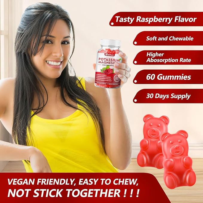 Potassium Magnesium Supplement Gummies for Adults Kids, Sugar-Free Potassium Gummies Supports Leg Cramps & Muscle & Immune Health, High Absorption Magnesium Gummies Raspberry Flavor 120 Cts