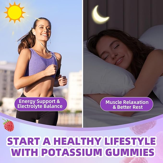 Potassium Gummies for Women & Men, High Dose 2000mg Potassium Chloride Supplement Gummies for Leg Cramps & Electrolyte Balance, Vegan/Sugar-Free/Gluten Free, Raspberry Flavor 120 Count