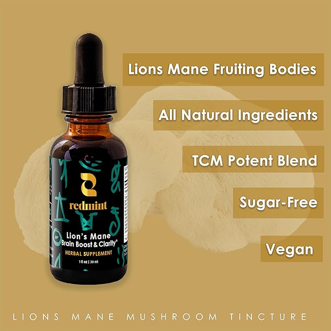 Redmint Lion's Mane Mushroom Extract with Ginkgo Leaf & Ginseng and More - Brain Boost & Clarity Herbal Tincture - Rooted in Ancient TCM Wisdom - Organic Immune Support Mushroom Supplement - 1 fl oz