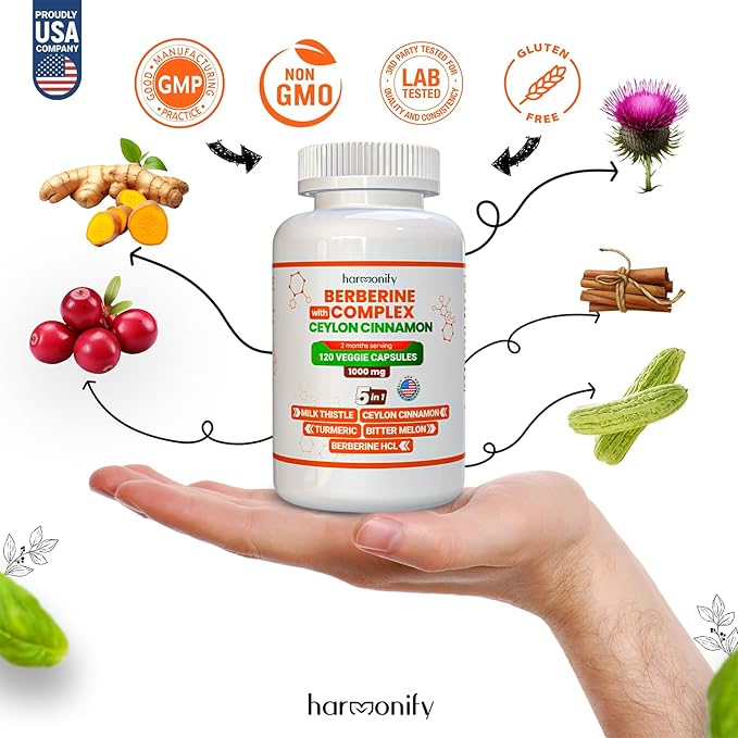 Berberine Supplement with Ceylon Cinnamon, Milk Thistle, Turmeric, Bitter Melon Complex, Immune Supports, 120 Capsules, 1000 mg, Vegan, Non-GMO
