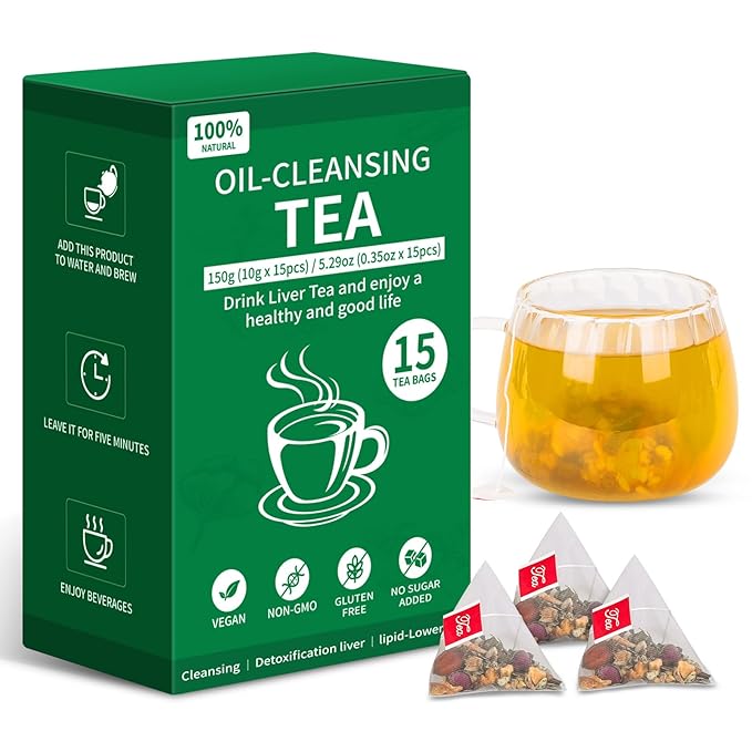 Liver Detox Tea Oil Cleansing Tea 10 Excellent Herbals with Formula,Oil-Reducing Teabag,Chinese Teabag for Cleanse & Detox Liver (15 Bags,1 Box)