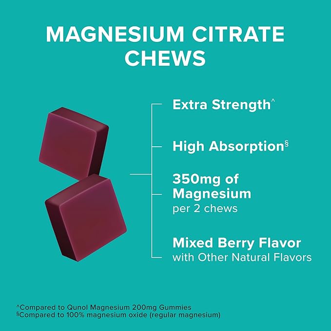 Qunol Magnesium Citrate Soft Chews, 350mg Extra Strength Magnesium Supplement, High Absorption to Support Nerve, Bone and Muscle Health, 90 Count