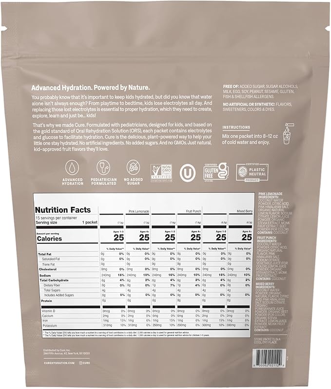 Cure Hydration - Kids Electrolyte Drink Mix | Plant-Based Pediatrician Formulated Rehydration | No Added Sugar, Non-GMO, Gluten-Free, No Artificial Flavors | 15 Packets - Variety Pack