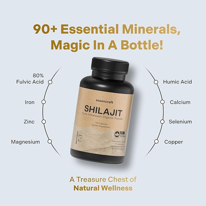 Organic Himalayan Shilajit Resin Extract - 1000mg Max Potency, Lab Tested Pure Shilajit for Men & Women, 85+ Trace Minerals Fulvic Acid, Immune Support, Energy, Cognition, 2 Month Supply, 120 Capsules