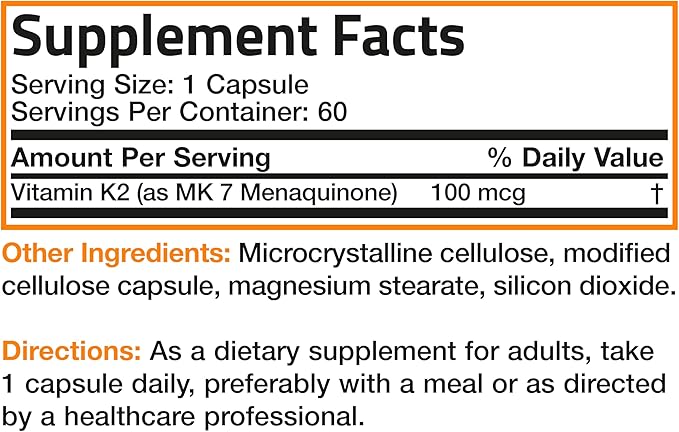 Bronson Vitamin K2 as MK-7 Menaquinone 100 mcg Non-GMO, 60 Capsules