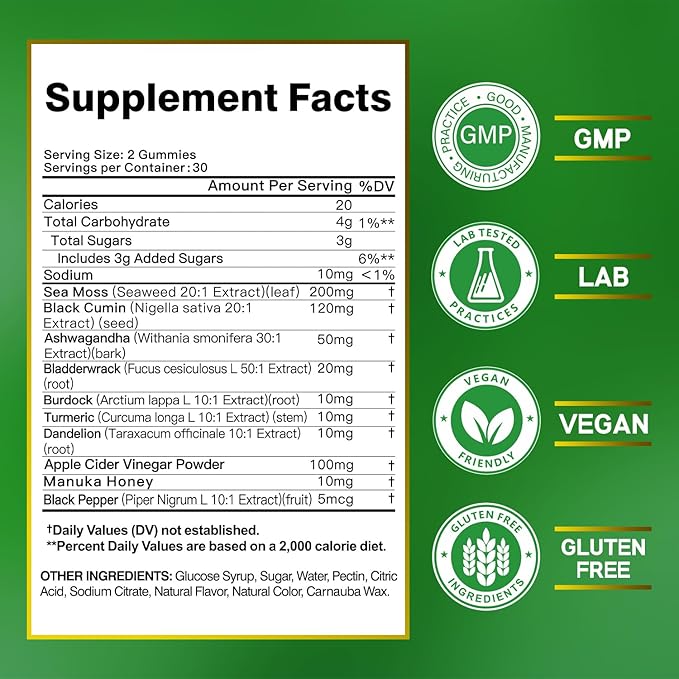 Ashwagandha Gummies, Sea Moss, Black Seed Oil, Turmeric, Manuka Honey, ACV, Dandelion, Black Pepper, Burdock, Bladderwrack, Blueberry Flavor, Vegan, Gluten-Free, Non-GMO, 60 Count