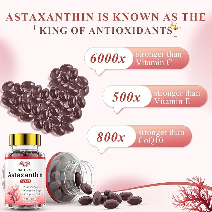Astaxanthin 12mg Astaxanthin Tanning Softgels with Natural Fresh Microalgae Source Antioxidant Supplement Support Skin Eye Joint Internal Circulation and Immune Health, Non-GMO (90 Count)