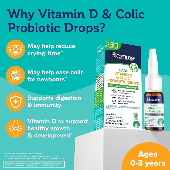 Biostime Baby Vitamin D & Colic Probiotic Drops for Newborns to 3 Years Old | 100% Daily Values Vitamin D for Bone & Immune Support – Eases Colic & Digestion| 32 Serving