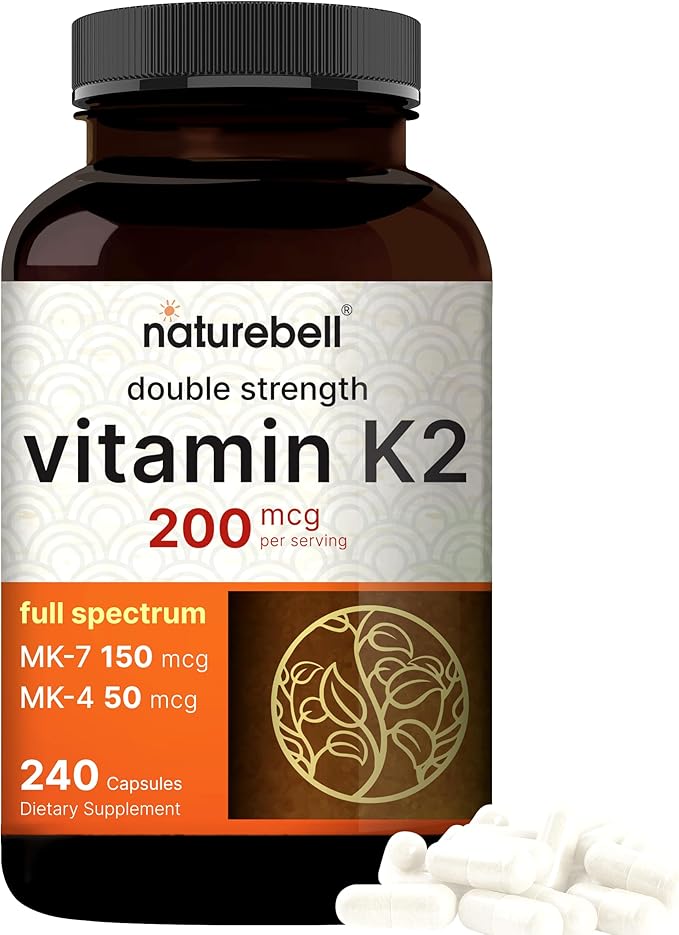 NatureBell Full Spectrum Vitamin K2 Supplement with MK-7 & MK-4, 200 mcg, 240 Capsules | 2 in 1 Formula, K Vitamins Complex – Supports Bone, Joint, and Heart Health – Non-GMO
