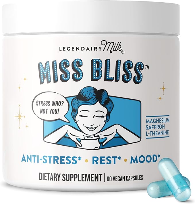 Legendairy Milk Miss Bliss™ Daily Stress Support Supplement – with Saffron, L-Theanine & Magnesium – Helps Promote Calm, Relaxation & Balanced Mood – 60 Capsules
