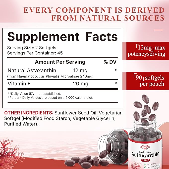 Astaxanthin 12mg Astaxanthin Tanning Softgels with Natural Fresh Microalgae Source Antioxidant Supplement Support Skin Eye Joint Internal Circulation and Immune Health, Non-GMO (90 Count)