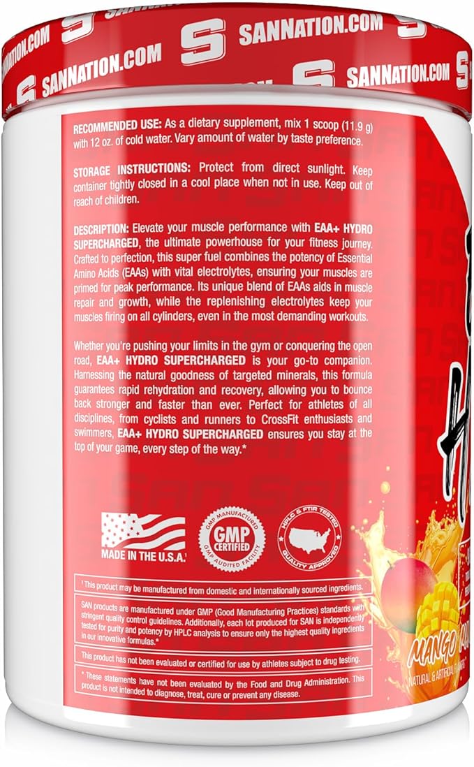SAN EAA Hydration | EAAs + BCAA| Muscle Recovery & Intra | 9G Essential Amino Acids + Electrolytes | Mango Mania 30 Serving