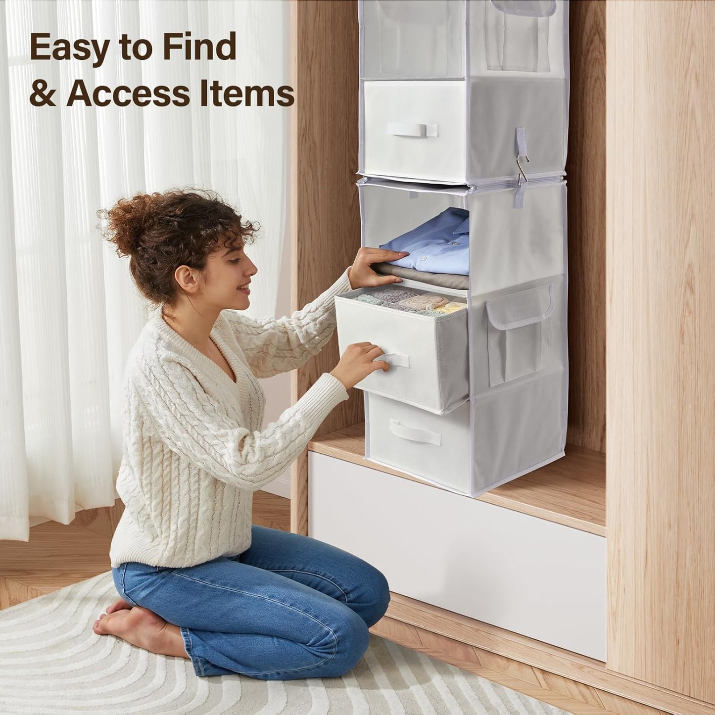 Pipishell 6-Shelf Hanging Closet Organizer, Hanging Shelves with 2 Separable 3-Tier Shelves, Closet Shelves Organizer with 3 Removable Drawers for Bedroom, Dorm Room, Camper and Nursery (White)