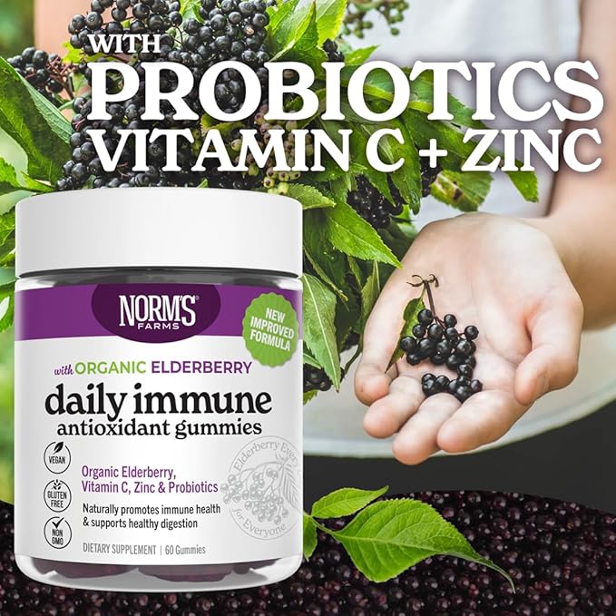 Norm's Farms Organic Elderberry Gummies - Daily Immune Support for Adults & Kids with Zinc, DE111 Probiotic, Vitamin C - Made in USA, 3rd Party Tested - Vegan, Gluten-Free, Kosher, Non-GMO, 60 Gummies