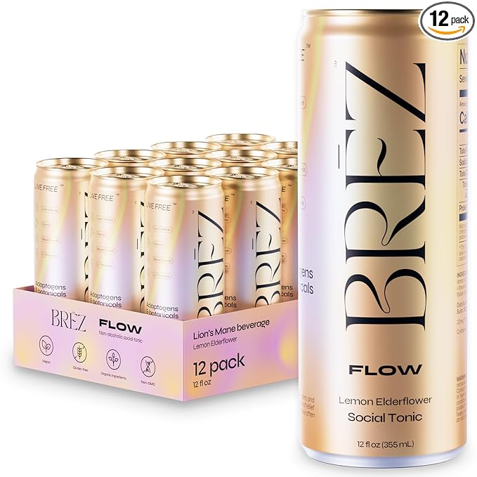 BREZ FLOW Lion’s Mane Mushroom Drink,12-Pack, Non-Infused, Adaptogens, Relieving, Uplifting, and Social, Sparkling Lemon Elderflower Tonic 12 Fl oz